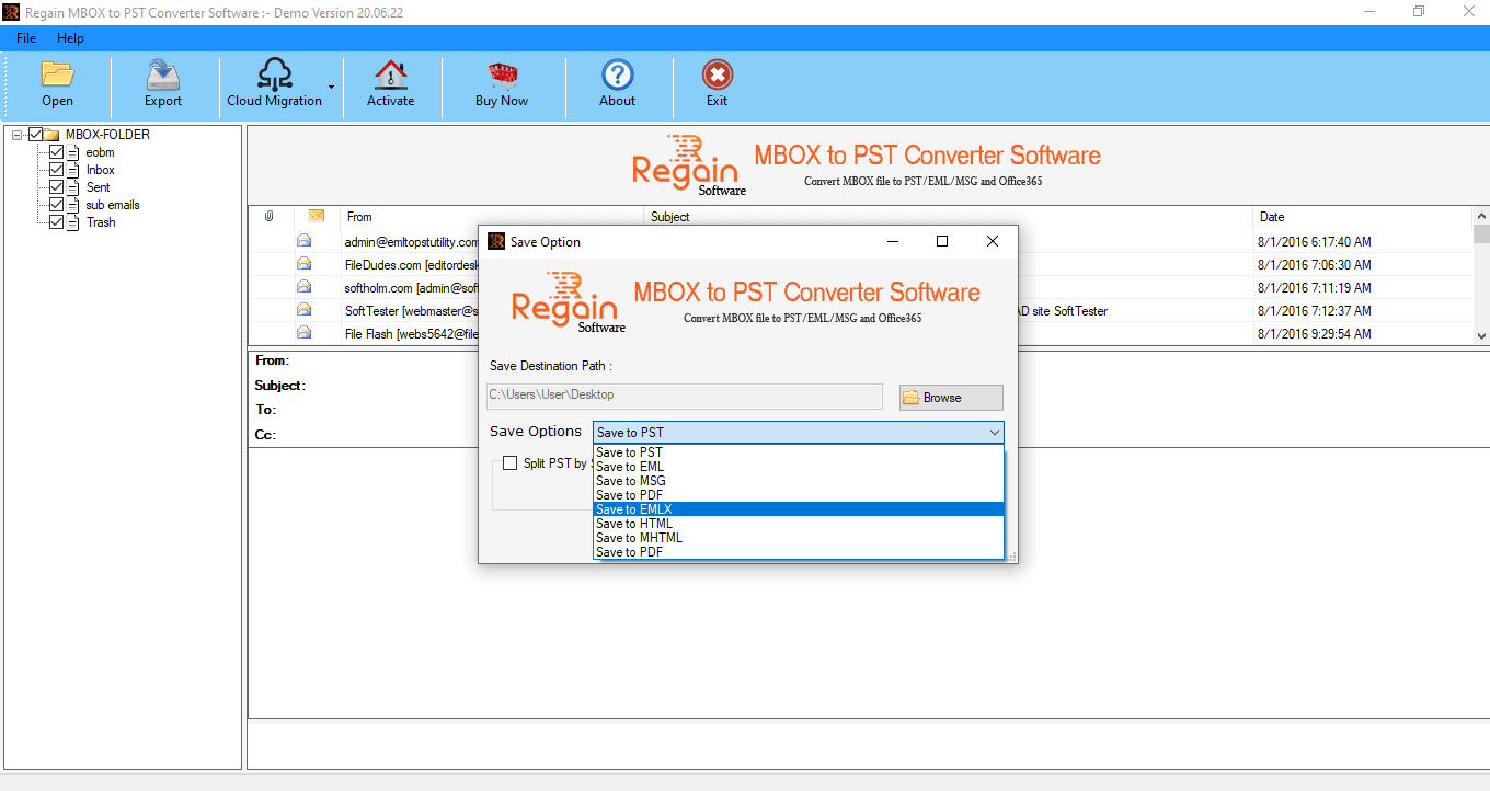 Select location to save converted mbox file